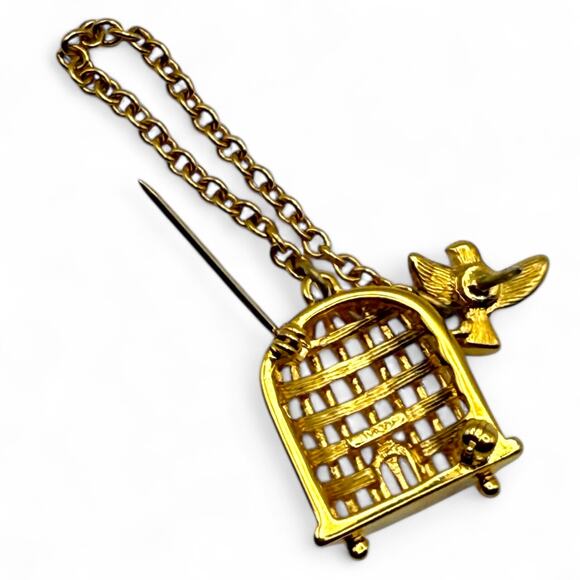 Vintage MONET Bird with Cage Brooch Gold Tone Chain Pin Signed - Picture 4 of 7